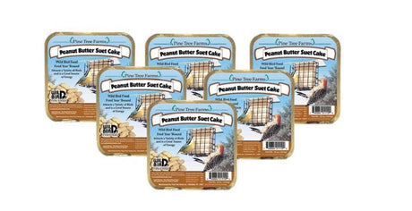 Pine Tree Farms Peanut Butter Suet Cakes in 6 or 12 packs, ideal wild bird food for year-round feeding.