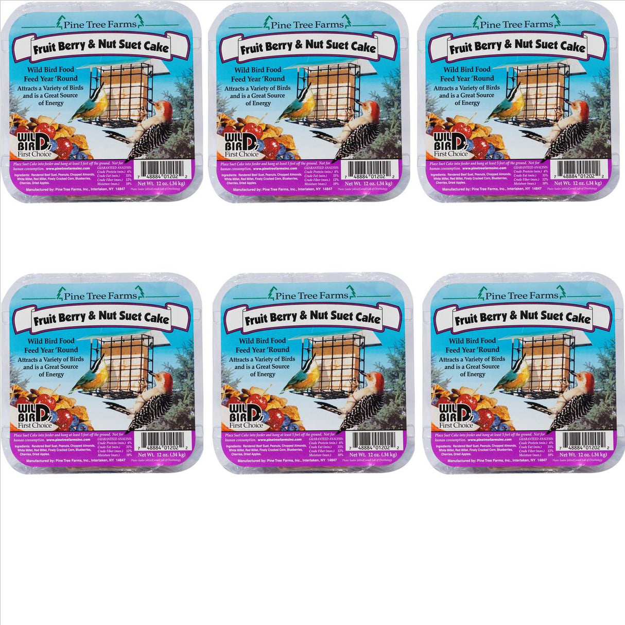 Fruit Berry & Nut Suet Cake 12 oz. by Pine Tree Farms, Pack of 6, Wild Bird Food for attracting diverse birds.