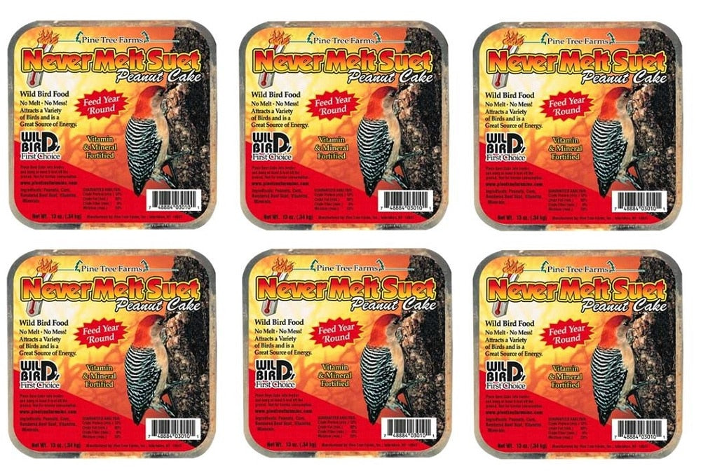 Pine Tree Farm's Never Melt Peanut Suet Cake 12 oz. packs for wild bird food, perfect for outdoor feeding.