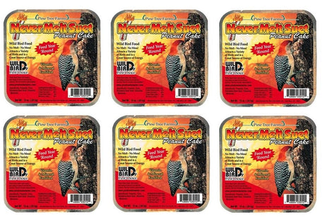Pine Tree Farm's Never Melt Peanut Suet Cake 12 oz. packs for wild bird food, perfect for outdoor feeding.