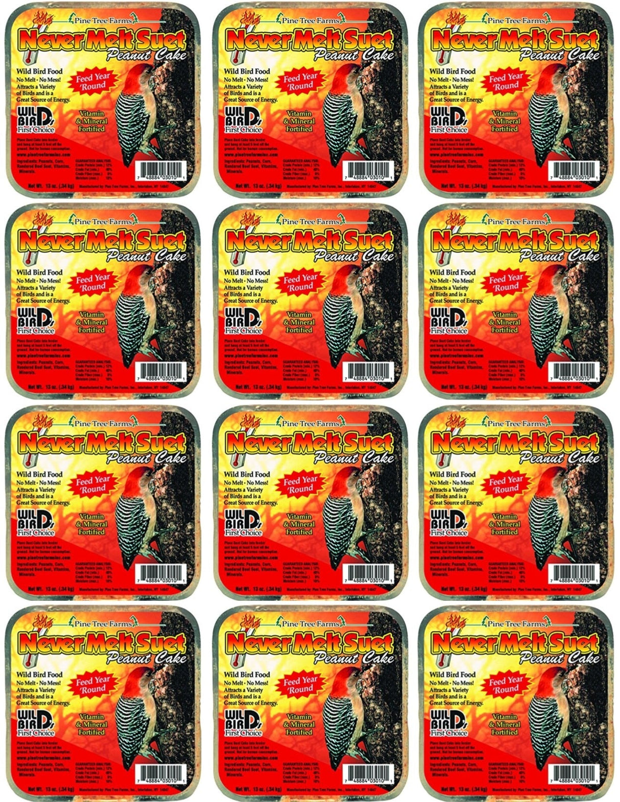 Pine Tree Farm's Never Melt Peanut Suet Cake 12 oz. packs arranged in a grid, showcasing premium bird food.