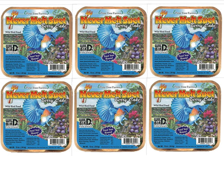 Pine Tree Farm's Never Melt Suet Berry Cake 12 oz., 6 packs of high-quality bird food, ideal for outdoor bird feeding.