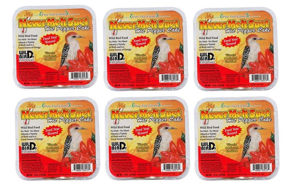 Hot Pepper Pine Tree Farm's Never Melt Suet Cake 12 oz pack of 6, ideal for wild birds in warm climates.