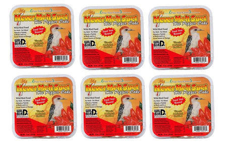 Hot Pepper Pine Tree Farm's Never Melt Suet Cake 12 oz pack of 6, ideal for wild birds in warm climates.