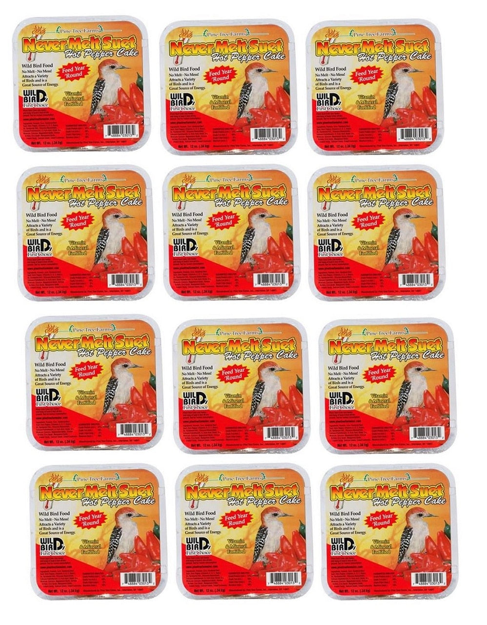 Hot Pepper Pine Tree Farm's Never Melt Suet Cake 12 oz. displayed in 6 or 12 packs, designed for warm climate bird feeding.