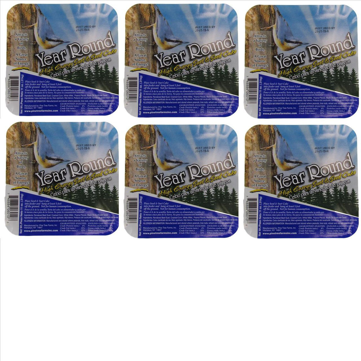 Pine Tree Farms Year Round High Energy Suet 11 oz. displayed in 6-pack for bird feeding.