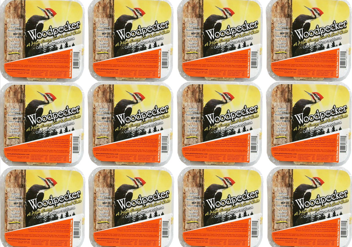 Pine Tree Farms Woodpecker High Energy Suet 11oz. packaging in a grid layout, ideal for attracting woodpeckers and birds.