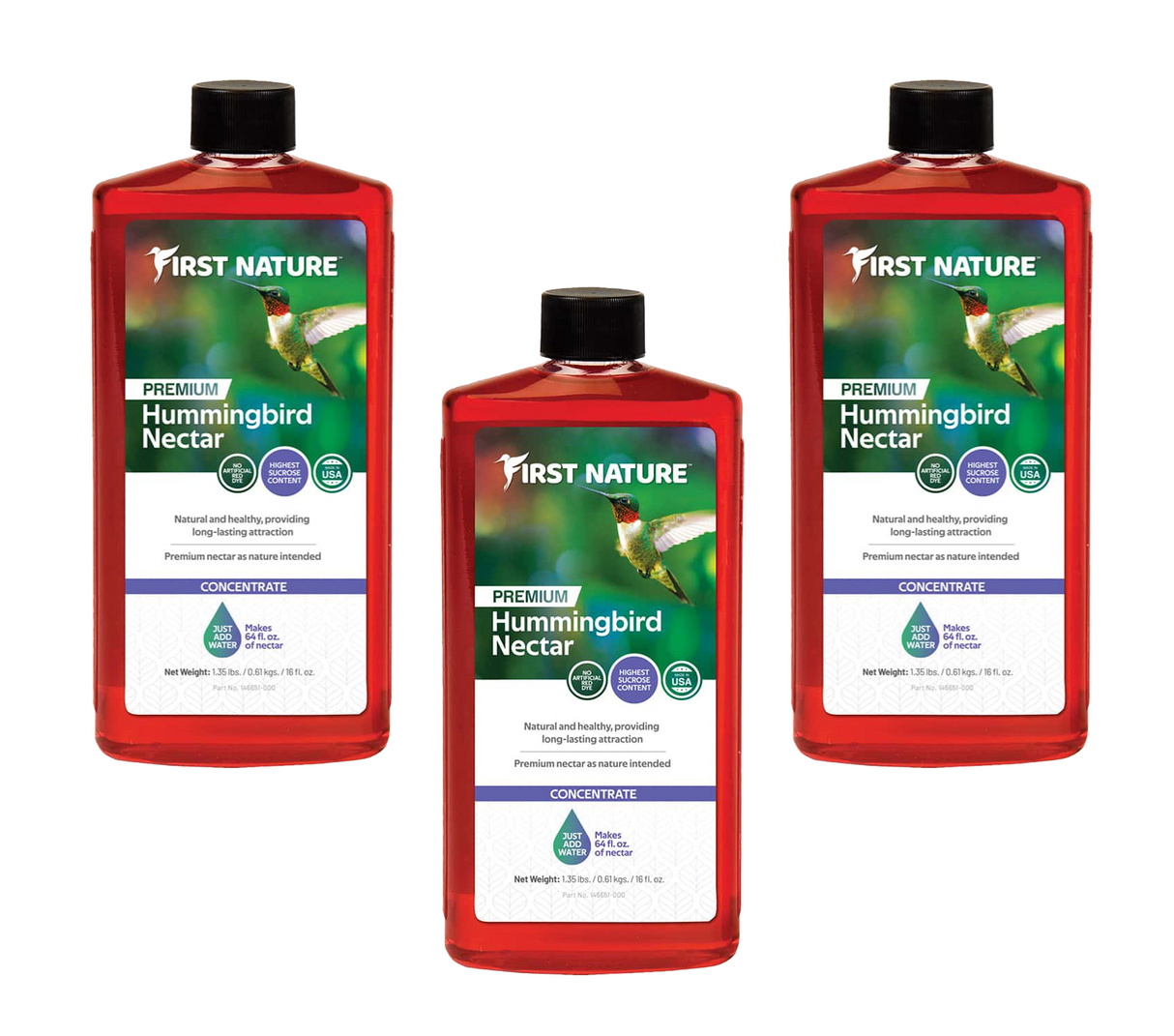 First Nature 3050 Red Hummingbird Nectar Concentrate 16 oz. bottles for attracting hummingbirds.