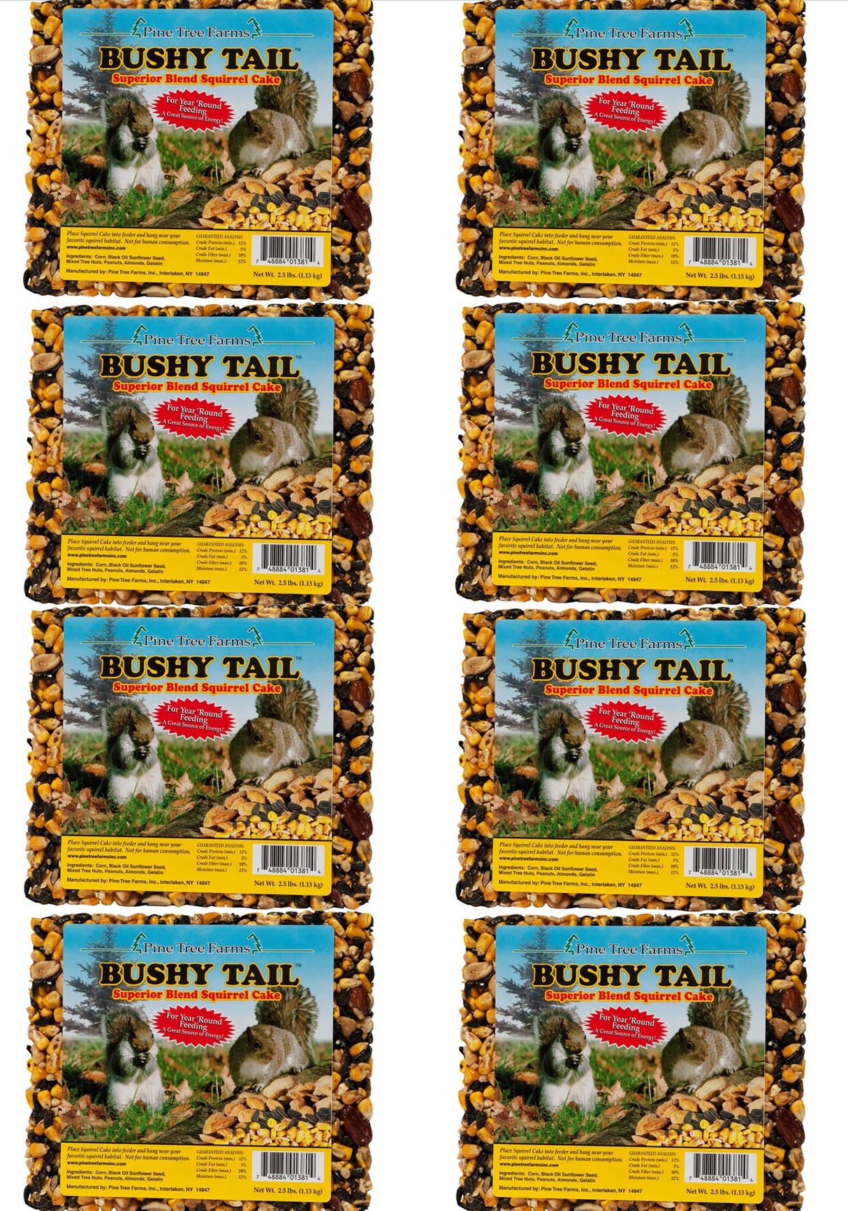 Pine Tree Farms photo of eight 2.5 lb Bushy Tail Superior Blend Squirrel Cakes featuring corn, sunflower seeds, and nuts with two squirrels on the packaging