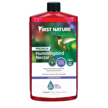 First Nature 3054 Red Hummingbird Nectar Concentrate, 32 oz. Makes 1 Gallon Feed, easy to use, premium hummingbird attractant.