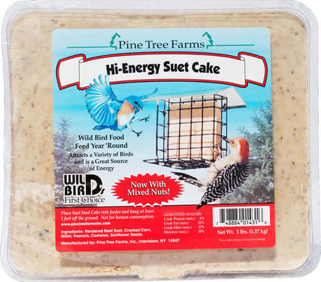 Pine Tree Farms Hi-Energy Suet Cake for wild birds, featuring crushed corn, nuts, and seeds, 3-pound pack.