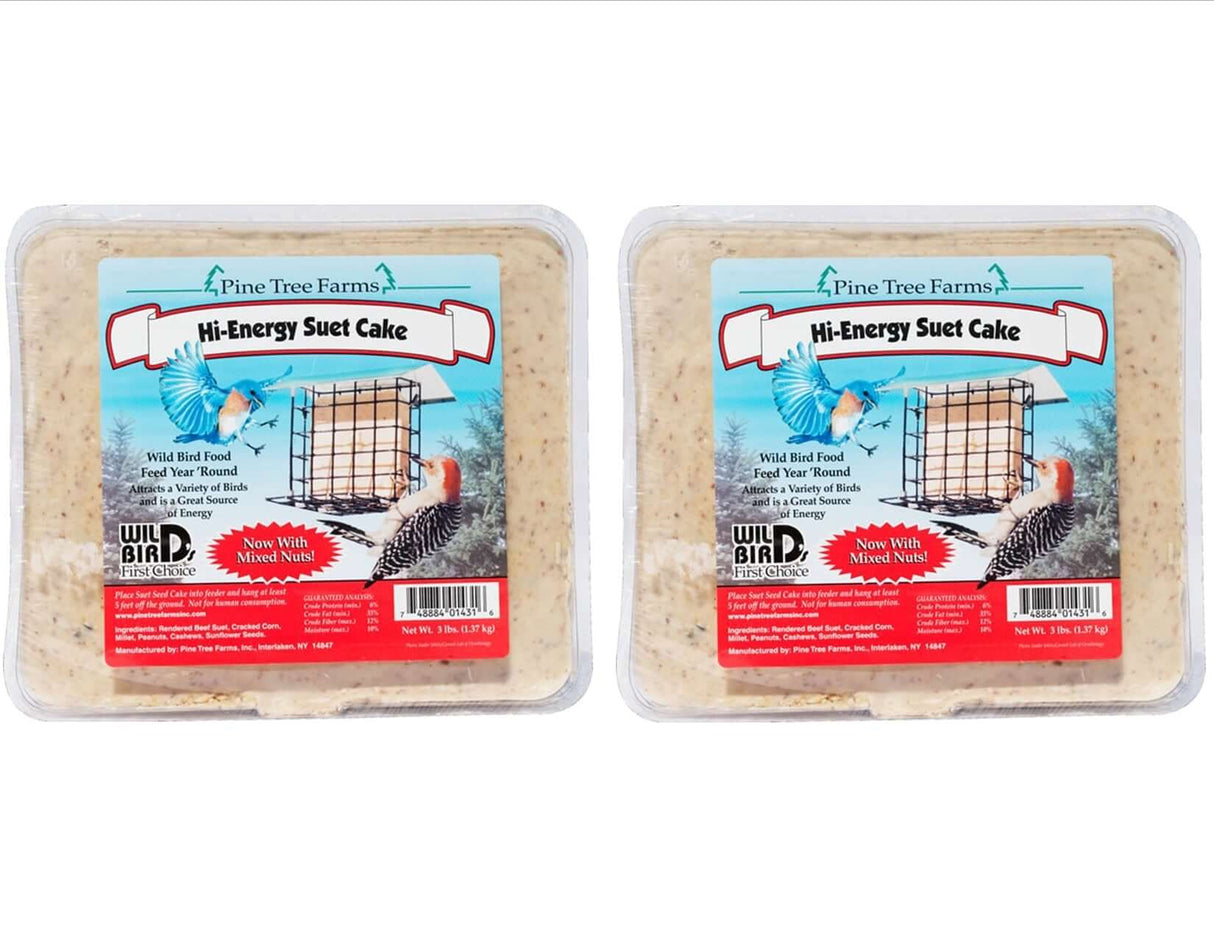 Pine Tree Farms Hi-Energy Suet Cake, 3 pounds, wild bird food in a clear container, ready to attract birds.