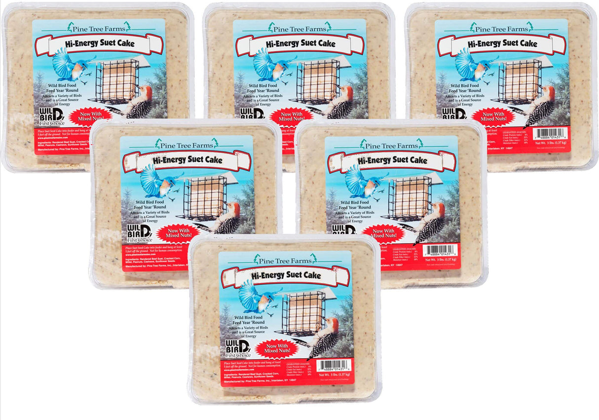 Pine Tree Farms Hi-Energy Suet Cake 3 pounds, great wild bird food for energy, featuring corn, peanuts, and sunflower seeds.
