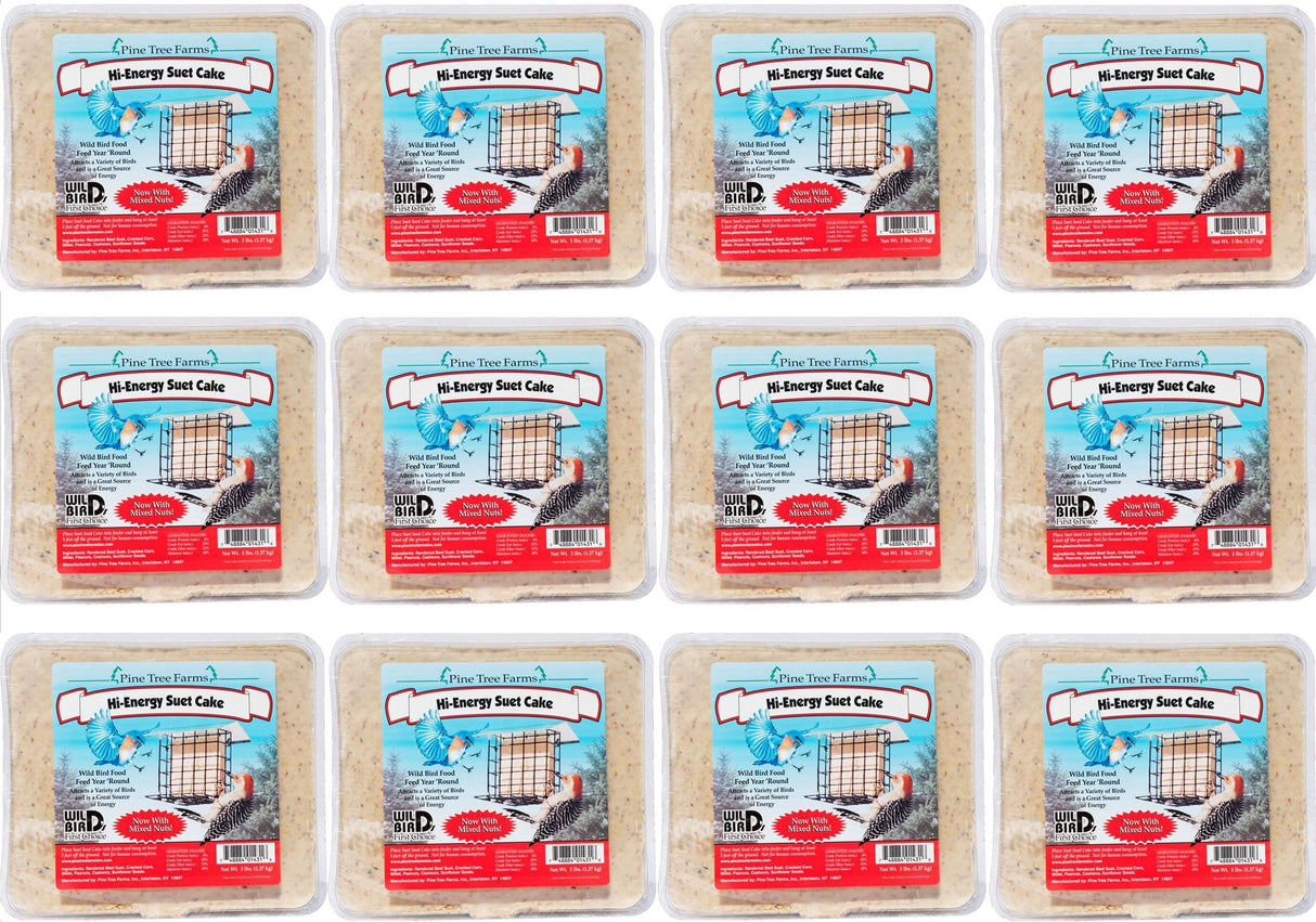 Pine Tree Farms Hi-Energy Suet Cake packs, ready for bird feeding, made with nutritious ingredients for year-round use.