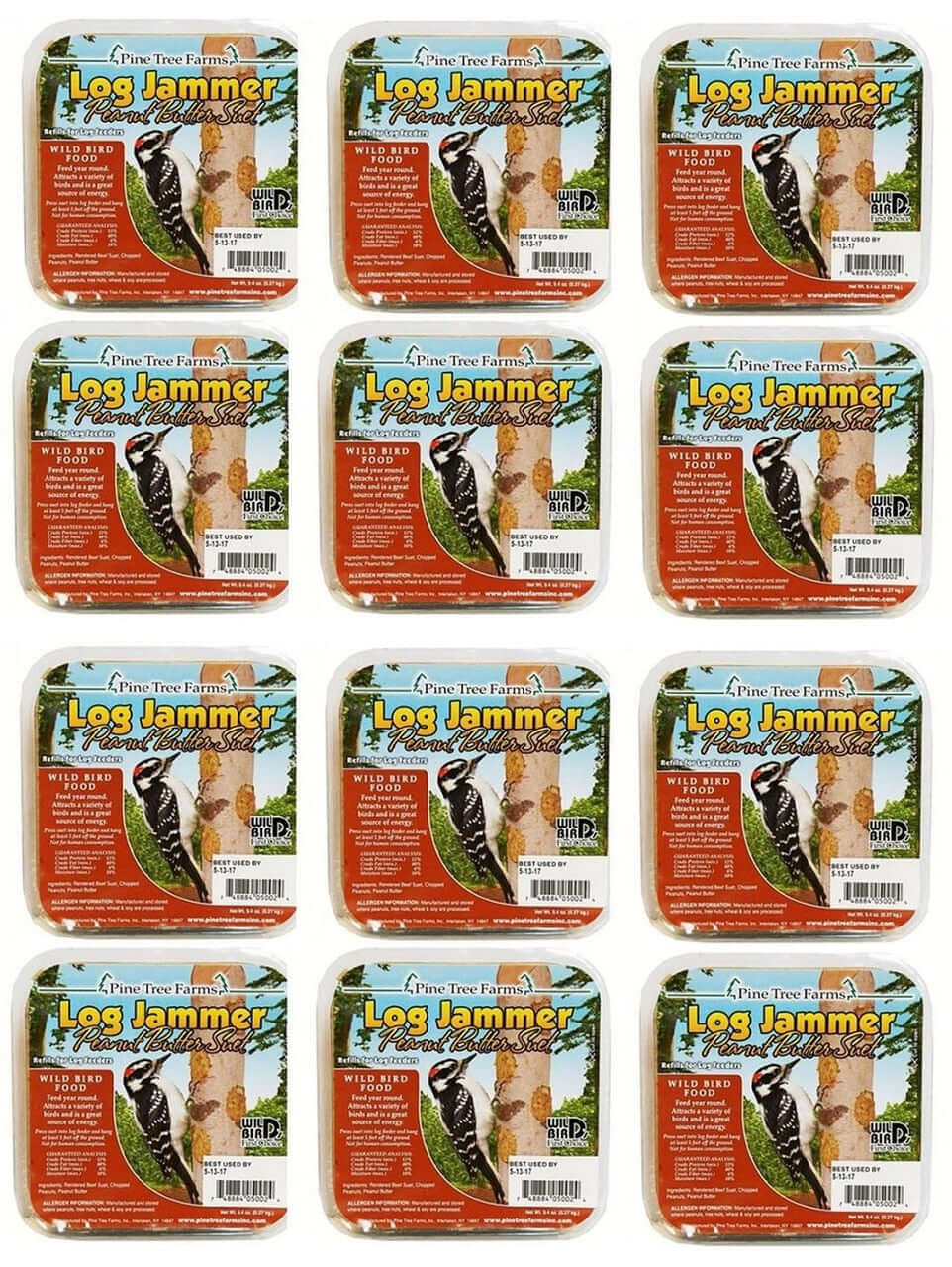 Pine Tree Farms Log Jammer Peanut Butter Suet twelve-pack featuring a downy woodpecker on a tree trunk with suet, showcasing vibrant peanut butter, and detailed packaging