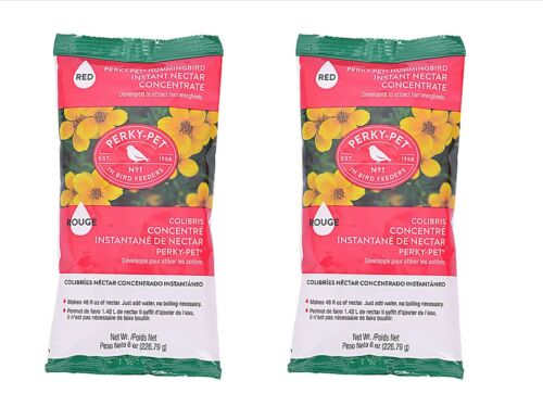 Perky Pet Instant Hummingbird Nectar Concentrate 8oz packaging, makes 48oz of nectar for hummingbirds.