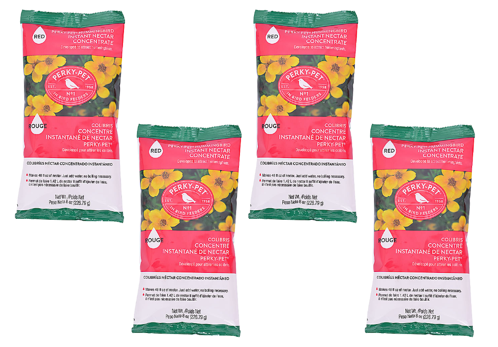 Perky Pet Instant Hummingbird Nectar Concentrate 8oz packets for making 48oz nectar, featuring vibrant floral design.