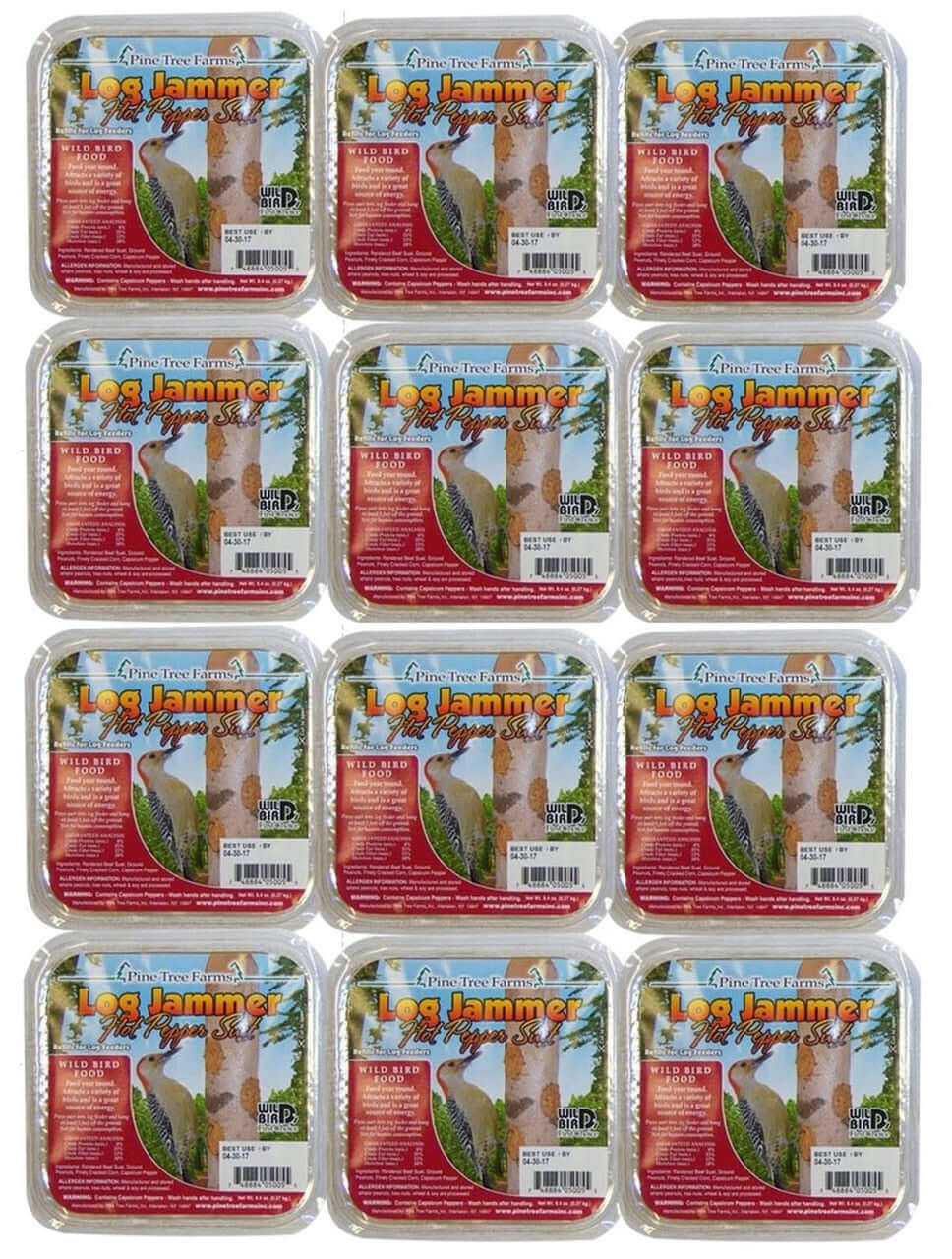 Pine Tree Farms Log Jammer Hot Pepper Suet Plugs in packaging, perfect for backyard birds and squirrel-resistant.
