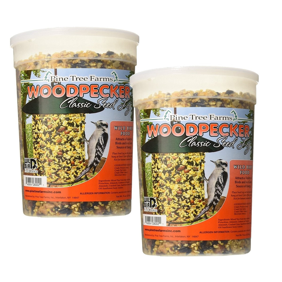 Pine Tree Farms Woodpecker Seed Log 76 oz in two containers, ideal for attracting wild birds with mixed nuts and seeds.
