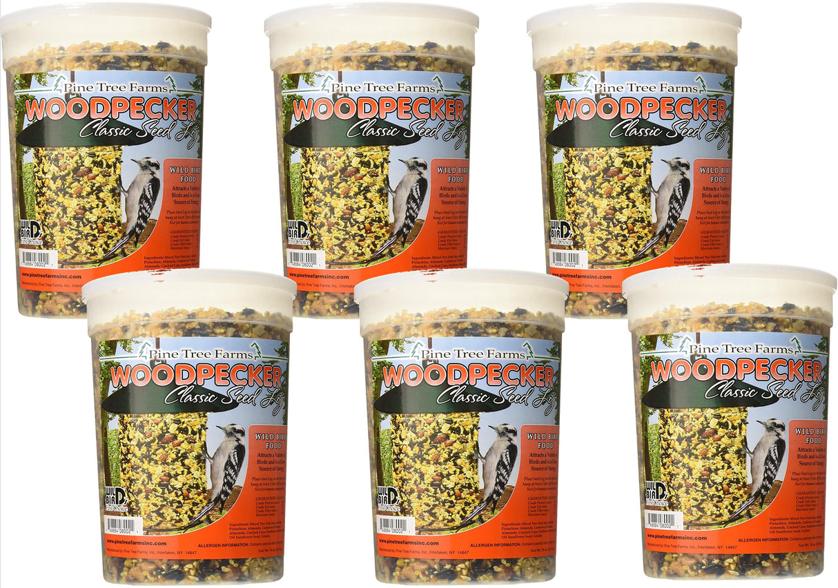 Pine Tree Farms Woodpecker Seed Log 76 oz, mixed tree nuts and seeds for attracting wild birds, in 6-pack display.