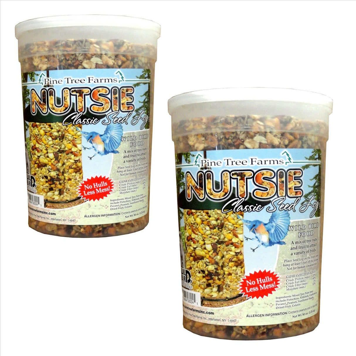 Pine Tree Farms Nutsie Classic Seed Log, depicting two containers of wild bird food featuring a colorful mix of nuts, seeds, and dried fruit with a bluebird on the label.