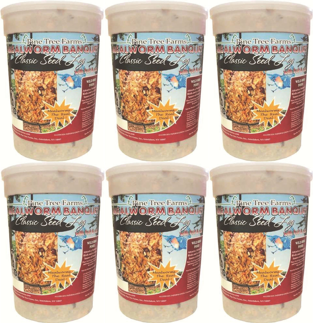 Pine Tree Farms Mealworm Banquet Classic Seed Log 72 oz pack of 6, premium wild bird food, enriched with seeds and nuts.