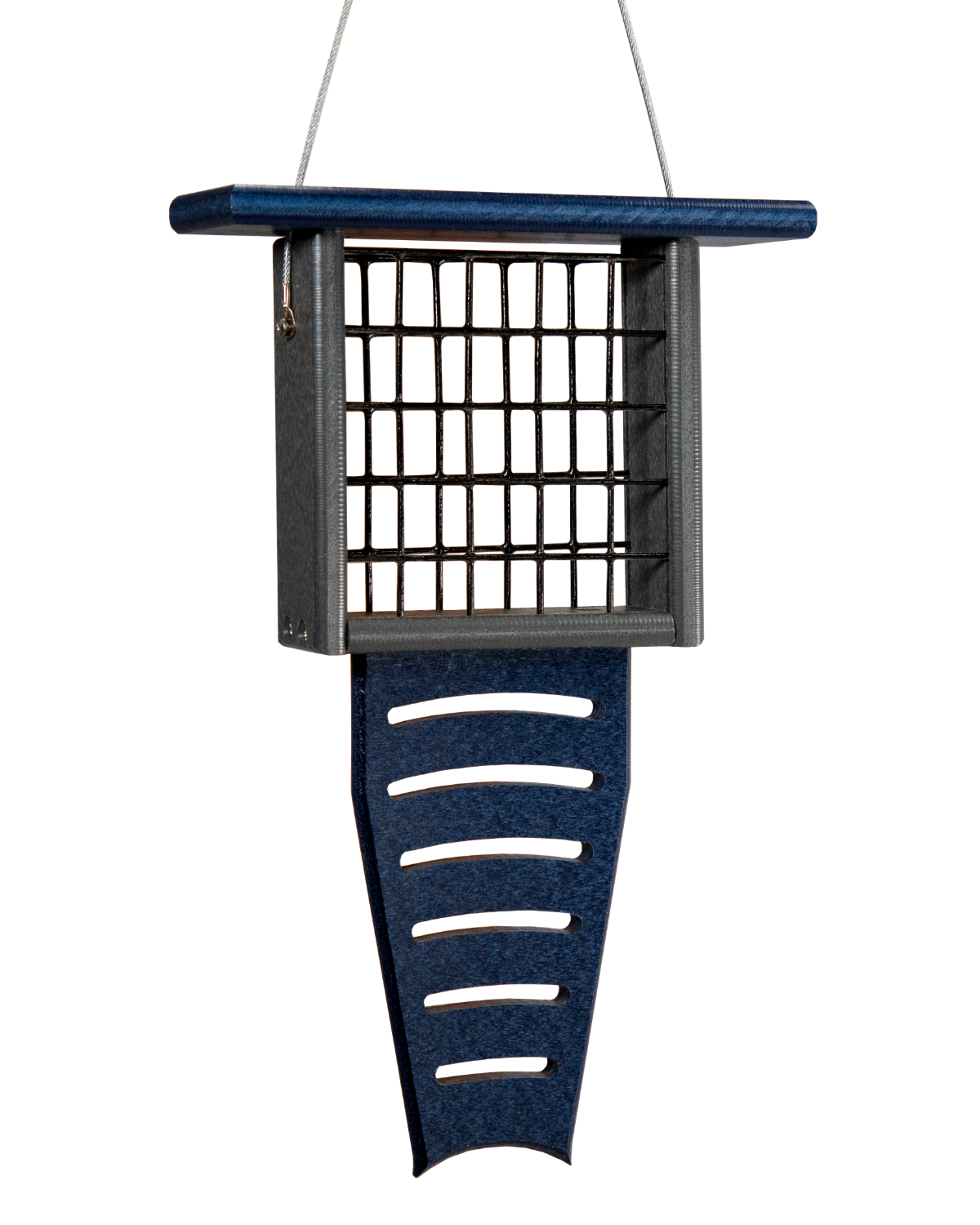 Wooden bird feeder with dark gray and blue accents featuring a wire mesh and a unique slotted perch for birds