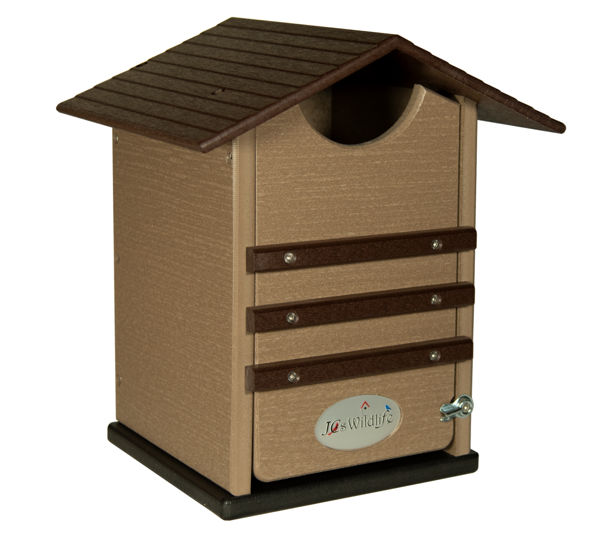 JCs Wildlife recycled plastic birdhouse featuring a brown roof three dark brown accents and a secure latch against a white background