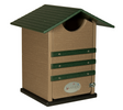 JCs Wildlife plastic birdhouse featuring a green roof tan body and three dark green accents against a white background