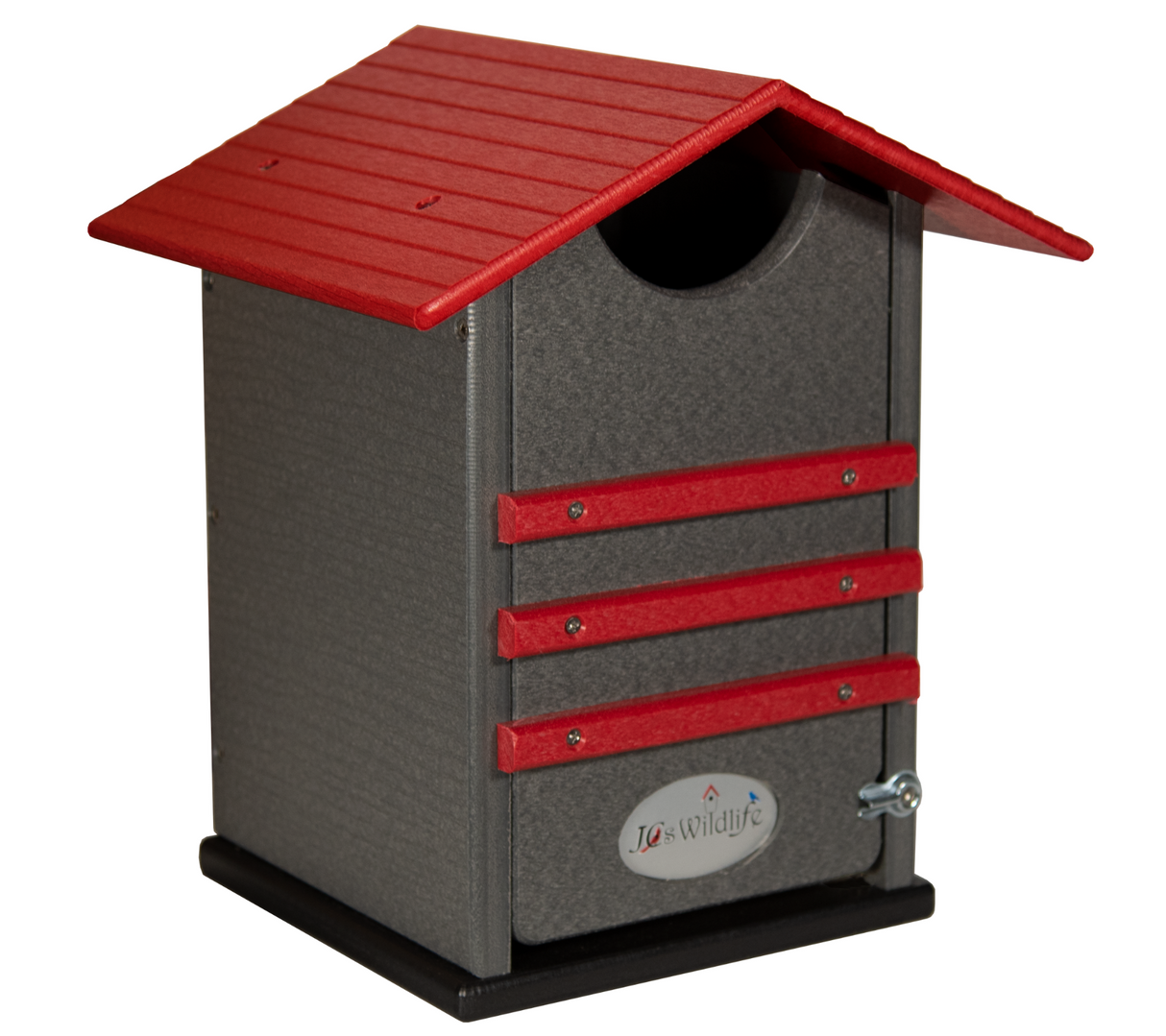 JCs Wildlife recycled plastic birdhouse featuring a gray body red roof and accents a small entry hole and a secure latch