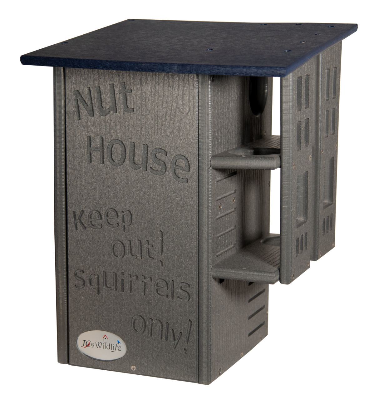 JGsWildlife recycled plastic Nut House squirrel-proof bird feeder with dark gray body, navy blue roof, and embossed text detailing