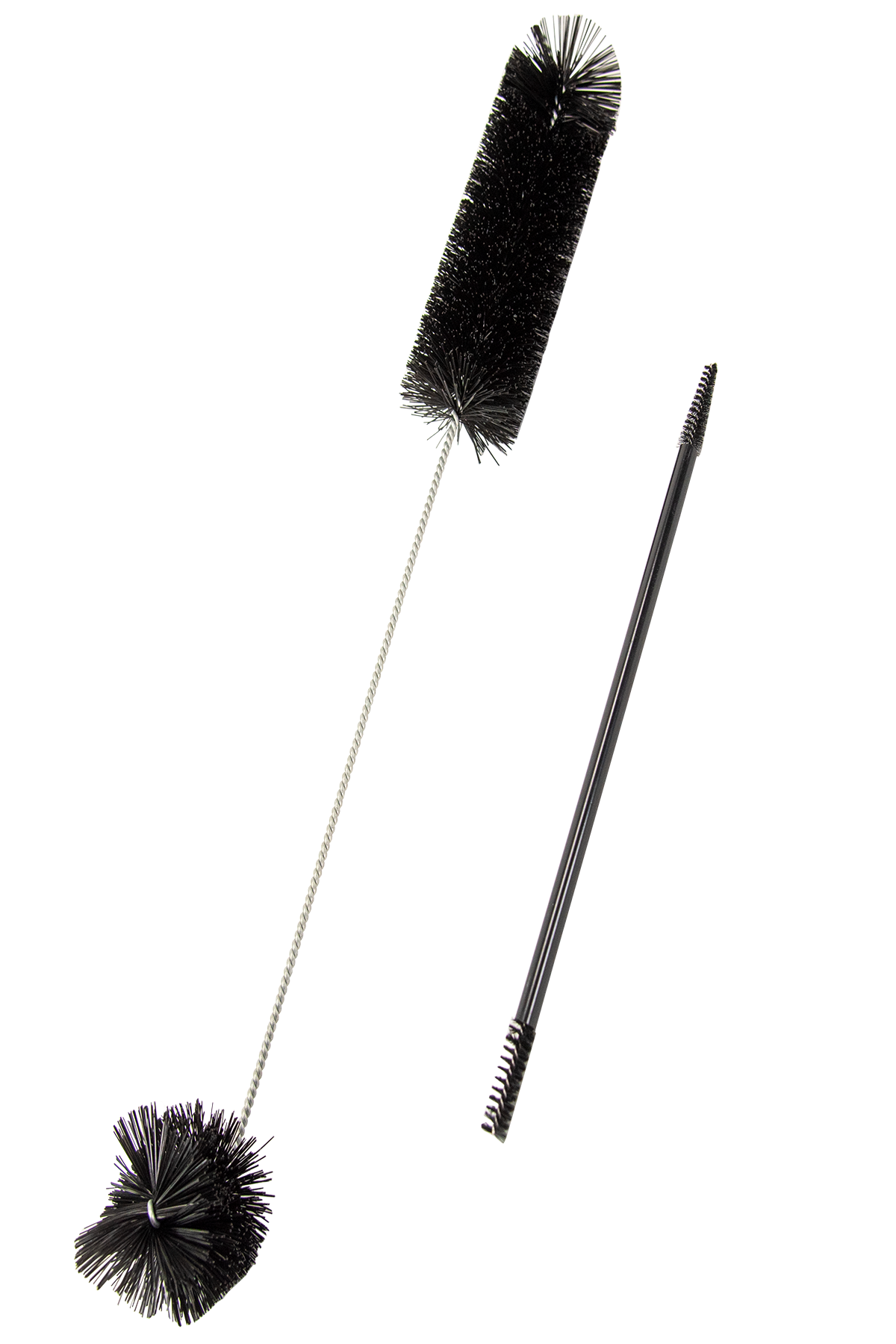 Product shot showing two bottle cleaning brushes one with a twisted silver wire handle and a black bristle brush head and the other with a solid black handle and a smaller black bristle brush head against a white background