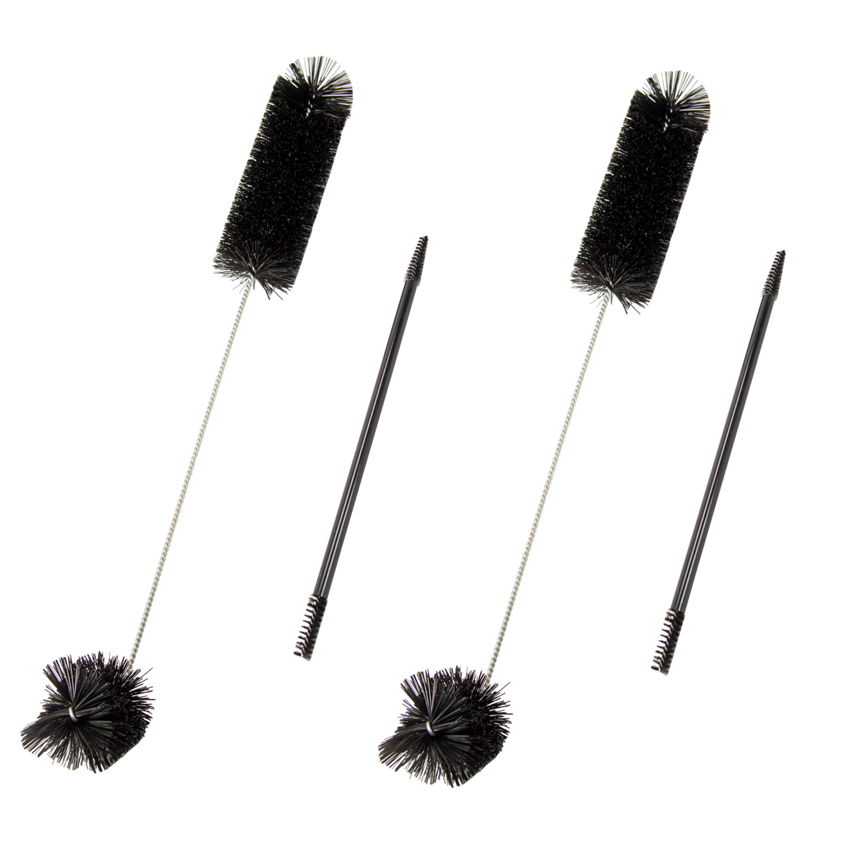 Product shot showing four black bottle cleaning brushes with different bristle shapes and handle materials against a white background