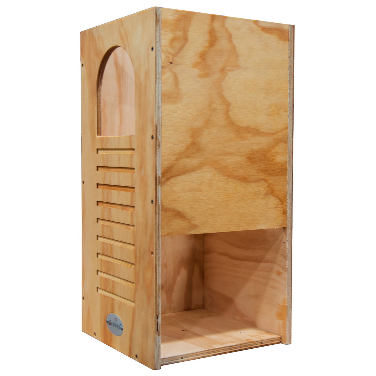 Wooden birdhouse by Big Blue Birdhouses showing an arched entryway and horizontal ventilation slots with light wood grain and a small metal logo