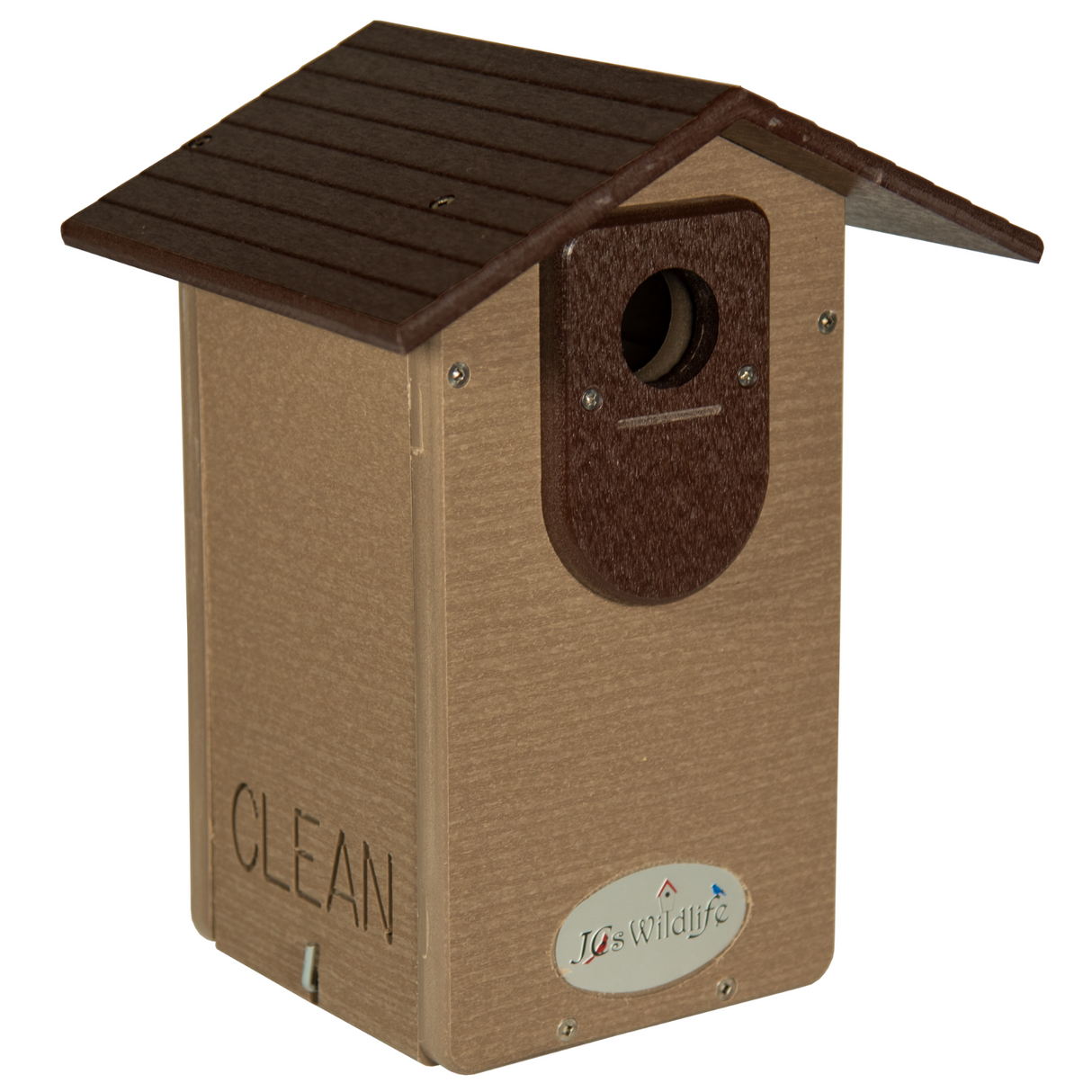 JQs Wildlife plastic birdhouse featuring a brown roof, tan body, and a clean design showcasing a circular entry hole and embossed logo
