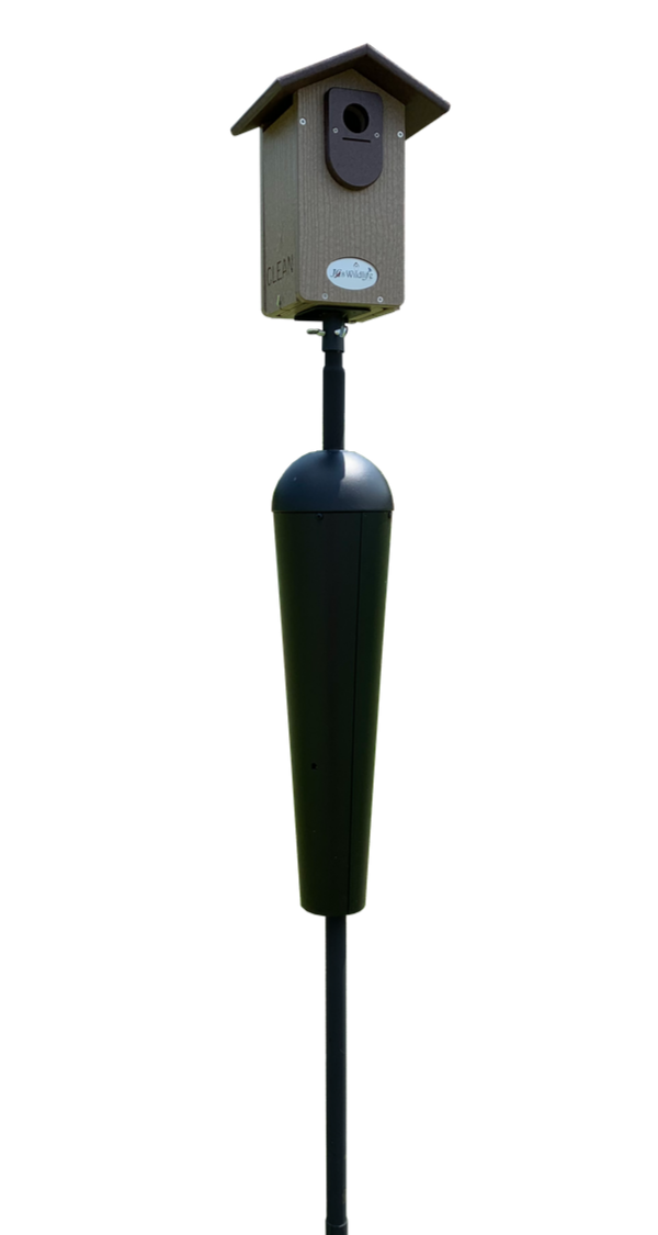 Digs n' Wings Clean birdhouse on a tall black pole with a dark brown roof and a taupe body featuring a predator guard