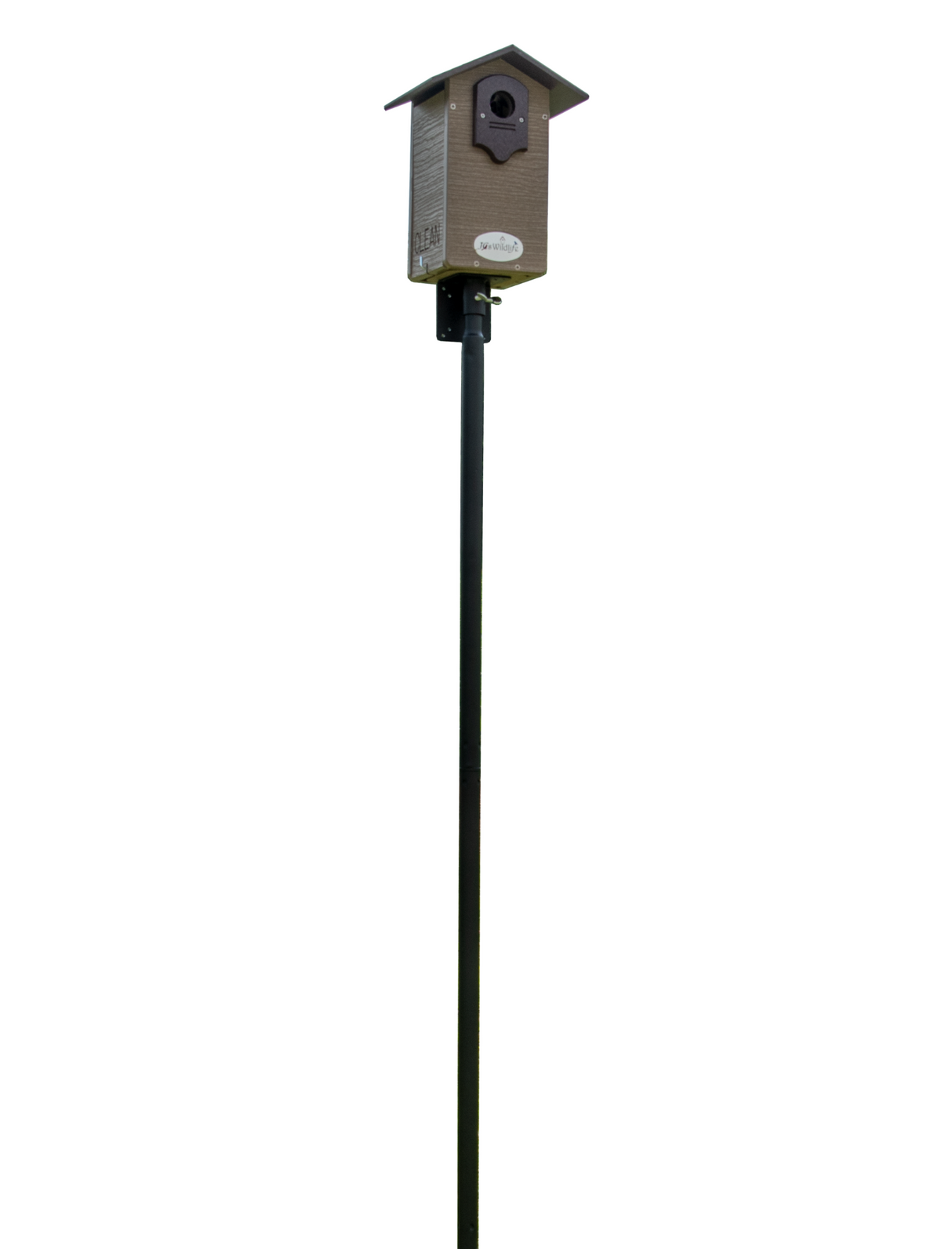 Photograph of a Wildlife Designs birdhouse mounted on a tall black pole showing a gray wood grain texture a dark brown roof and the words CLEAN visible on the side