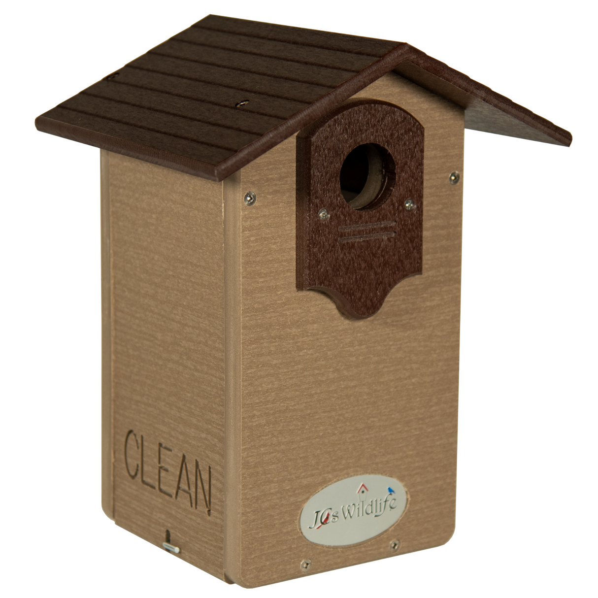 JG's Wildlife plastic birdhouse features a brown shingled roof tan body and a dark brown entrance with a clean out door showcasing a unique design and subtle wood grain texture