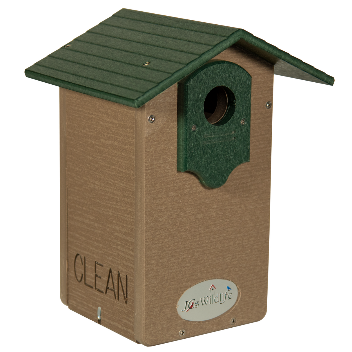 JCs Wildlife recycled plastic birdhouse features a dark green roof tan body and a circular entry hole showcasing a clean design