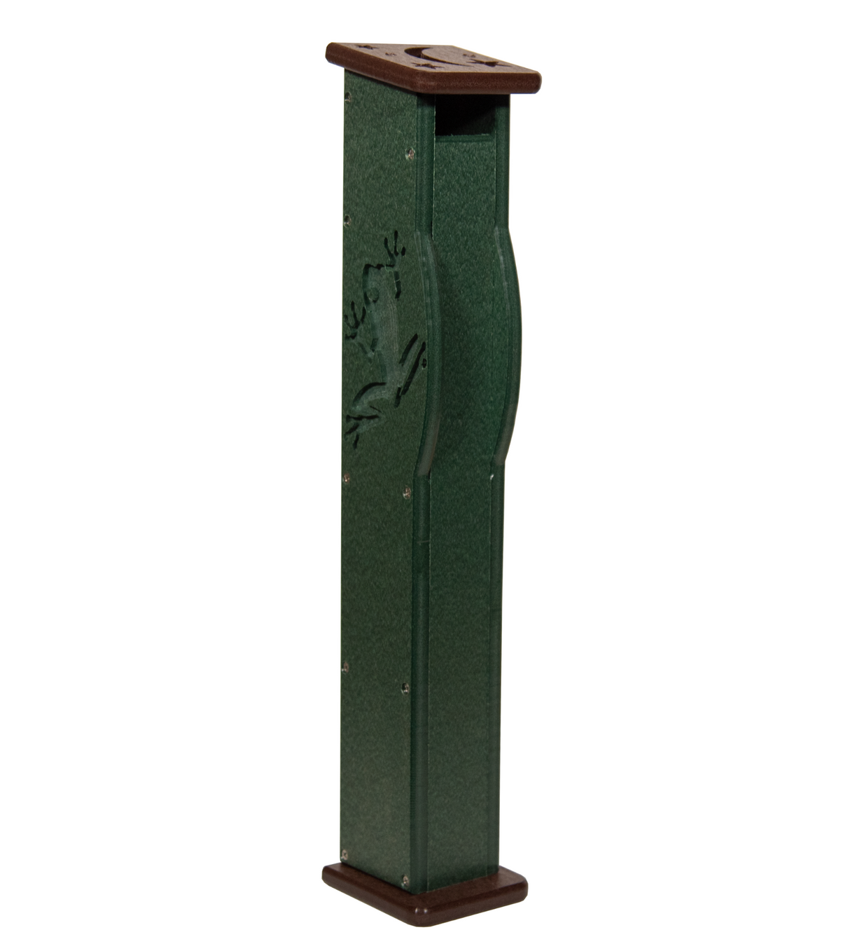 Plastic recycled lumber frog design mailbox dark green and brown accents showing a carved frog and moon detail