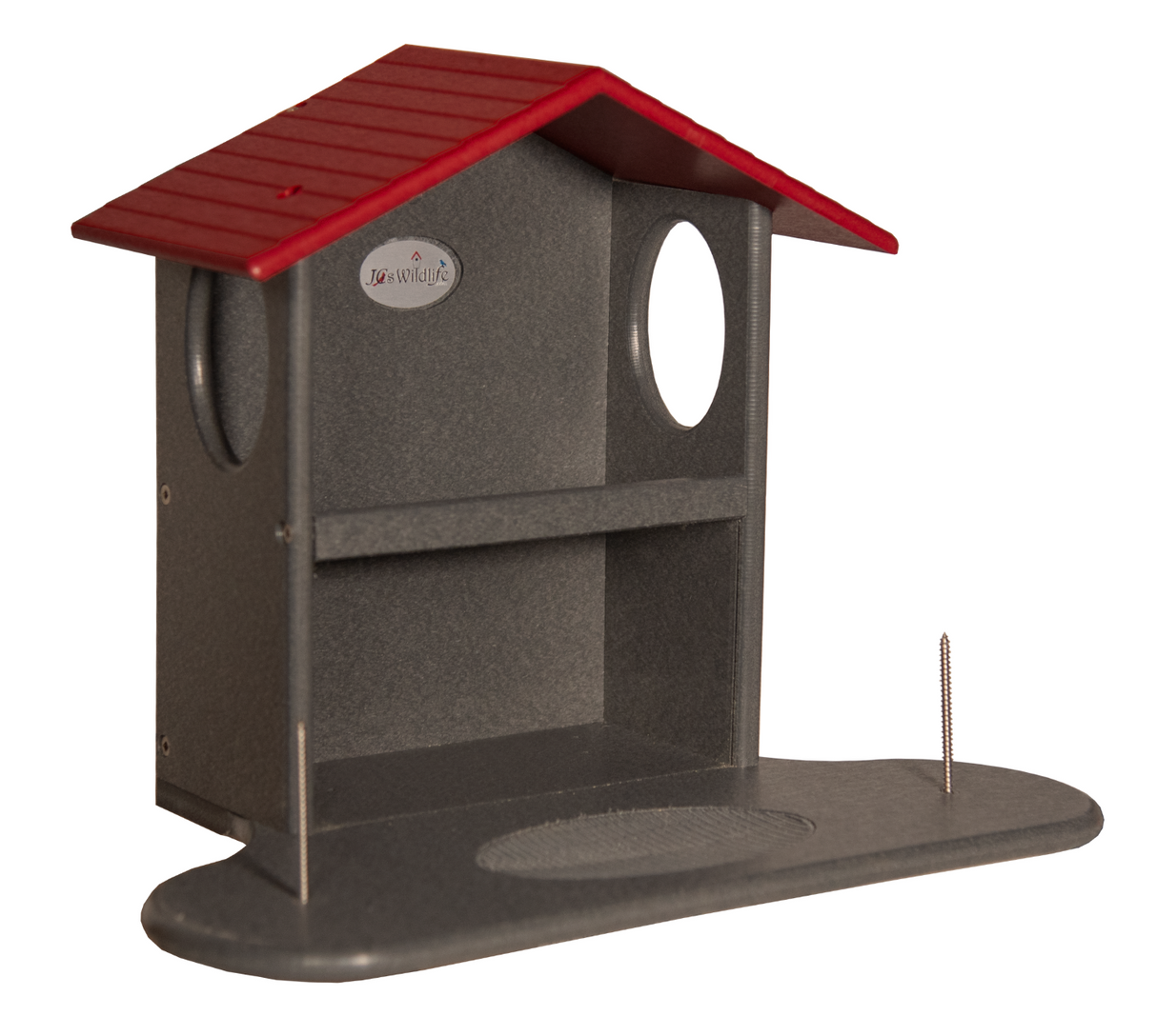 JCS Wildlife Squirrel Snack Station with a red roof, designed for feeding squirrels with buffet area for peanuts and fruits.