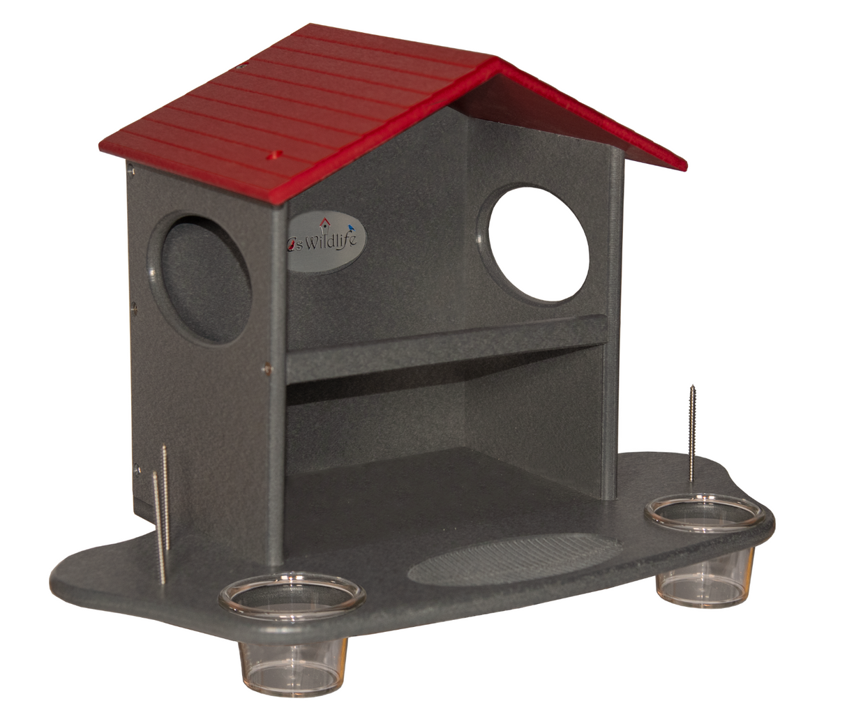 JCS Wildlife Squirrel Snack Station featuring eco-friendly design, water cups, and buffet area for squirrels.