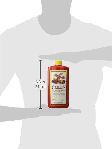 Product shot of Coles Flaming Squirrel Fire Starter showing a red bottle with a yellow cap and a deer illustration against a white background with size comparison