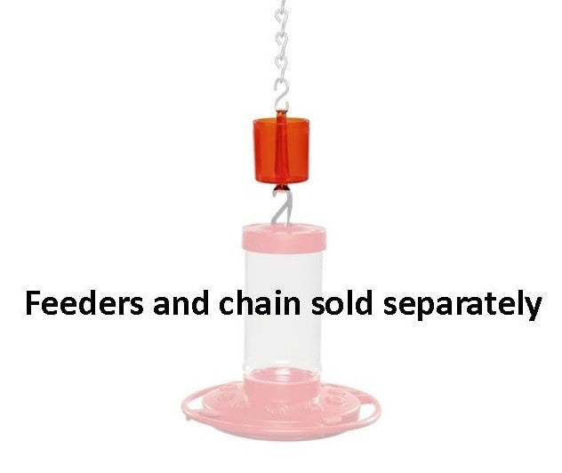 Product shot showing a pink and clear hummingbird feeder with an orange top section and a silver chain for hanging a vibrant and functional design for backyard birds