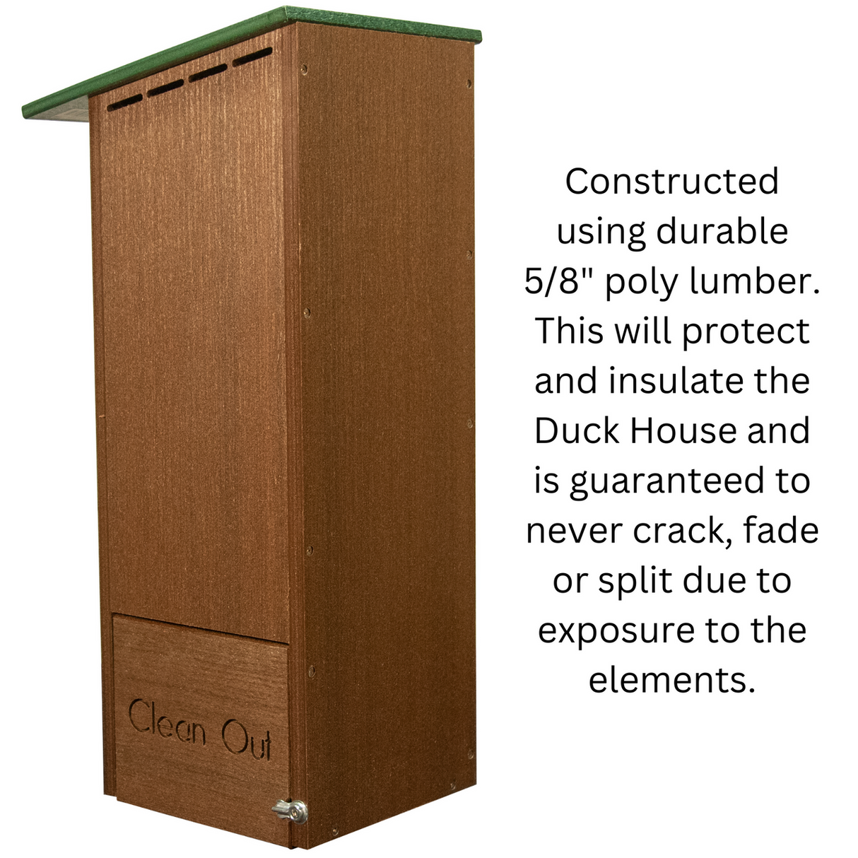 Product shot of a brown poly lumber duck house with a green top featuring ventilation slots and a convenient clean-out drawer showing durable construction and weather resistance
