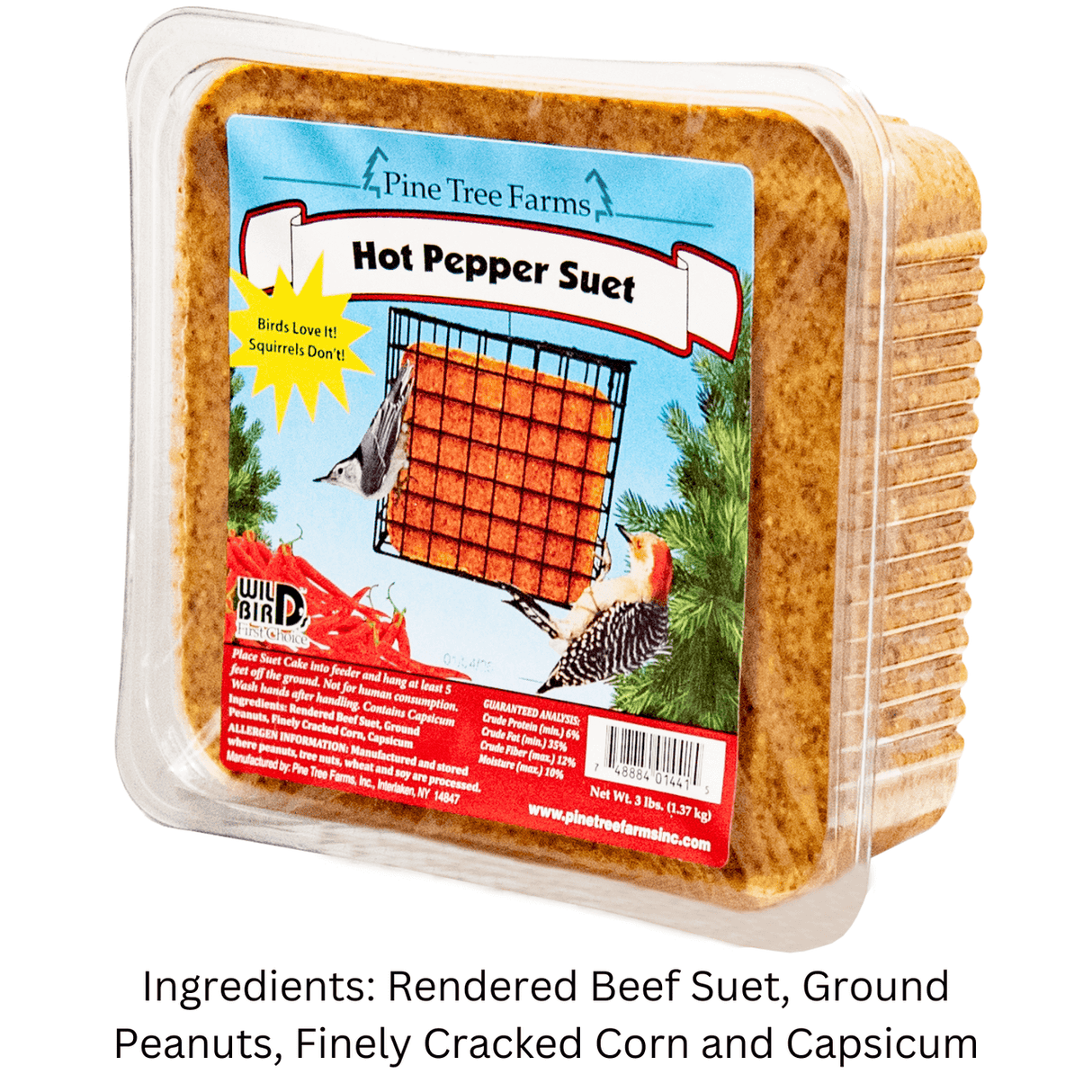 Pine Tree 1441 Hot Pepper Suet Cake, 3-pound package for birds, featuring ingredients like beef suet, peanuts, and corn.
