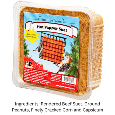 Pine Tree 1441 Hot Pepper Suet Cake, 3-pound package for birds, featuring ingredients like beef suet, peanuts, and corn.