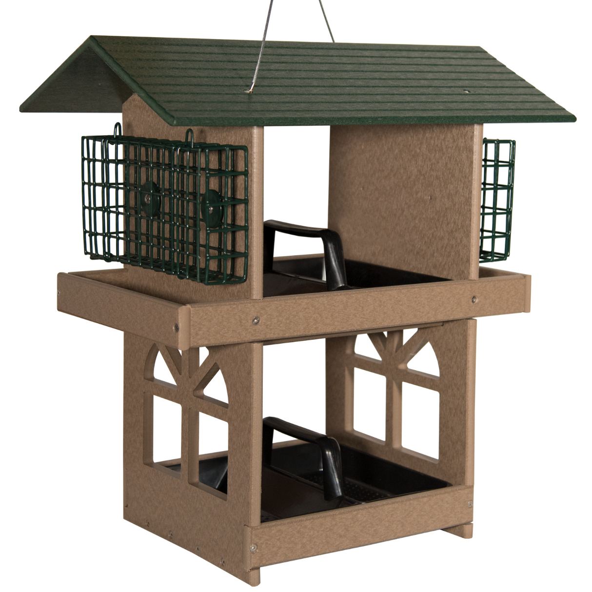 JCS Wildlife Double Fly Thru Bird Feeder with Suet Cages, designed for bird enthusiasts with removable seed trays.