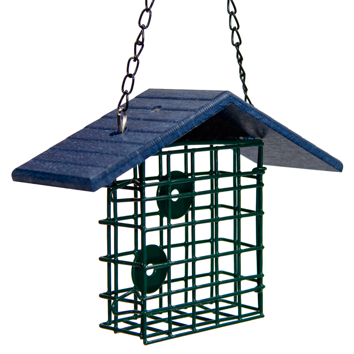 JCS Wildlife Single Suet Cage with Poly Lumber Roof, durable suet feeder with eco-friendly roof.