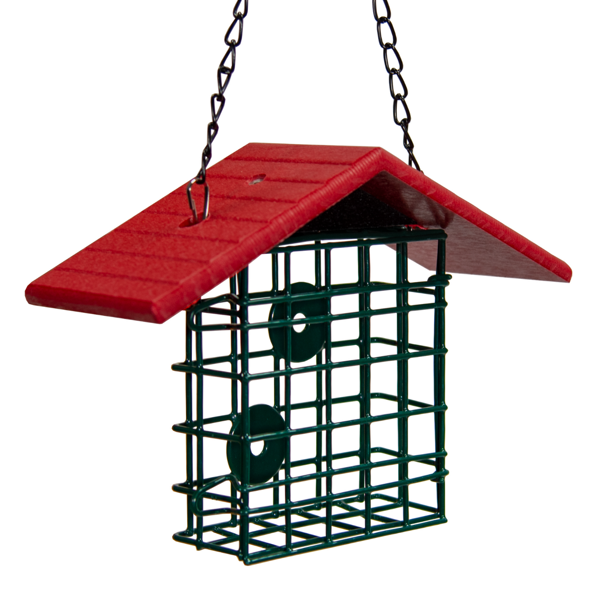 JCS Wildlife Single Suet Cage with Poly Lumber Roof, featuring a sturdy design and protective roof for bird feeding.